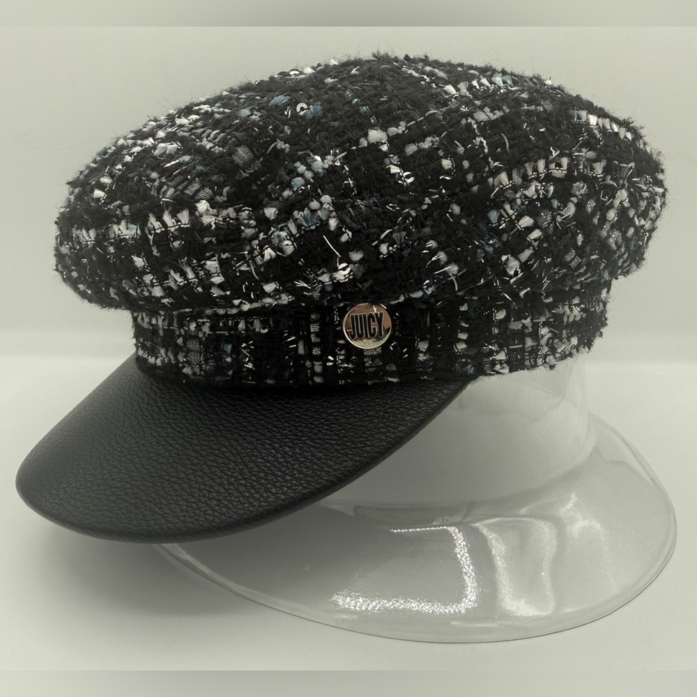 Juicy Couture Newsboy Cabbie Hat 90s Clueless Blue Black Metallic Tweed Vegan
